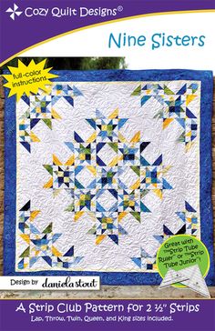 the book cover for nine sisters, featuring an image of a blue and yellow quilt