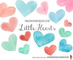 hand painted watercolor heart clip art with the words little hearts in black and white