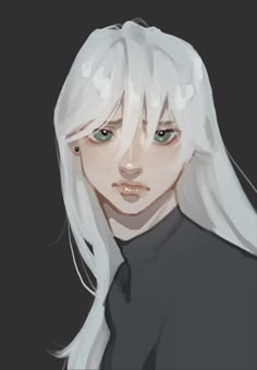 an anime character with white hair and green eyes, wearing a black shirt that has long bangs