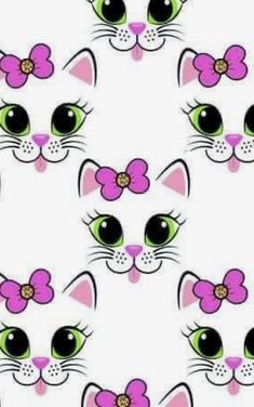 a group of cats with big green eyes and pink bows on their heads are shown