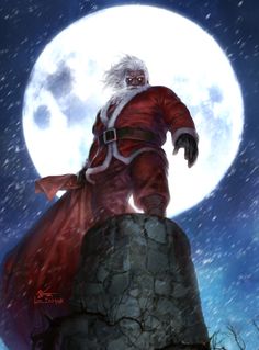 a man dressed as santa claus standing on top of a rock in front of a full moon