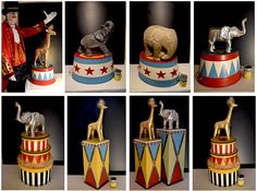 several pictures of circus themed items including elephants and giraffes