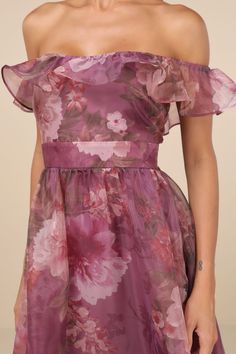 Dressing to impress this season will be so simple with a look like the Lulus Sweet Composure Plum Floral Organza Off-the-Shoulder Midi Dress! A spring-approved floral print (in various hues of blush and green) adorns gauzy woven organza as it shapes a darted bodice and an elasticized, off-the-shoulder neckline with ruffled trim that carries into fluttery short sleeves. A high, banded waist features long sashes that tie at the back, all atop a breezy, A-line skirt that cascades down to a tiered midi hem. Hidden back zipper/clasp. Fit: This garment fits true to size. Length: Mid-calf length. Size medium measures 44" from top to bottom. Bust: Great for any cup size. Waist: Fitted - very fitted at natural waist. Hip: Not Fitted - fuller skirt allows room for hips. Undergarments: May be worn wi Dress Organza, Ruffled Midi Dress, Casual Wedding Guest Dresses, Midi Ruffle Dress, Casual Wedding, Lulu Dresses, Party Tops, Spring Dress, Lovely Dresses