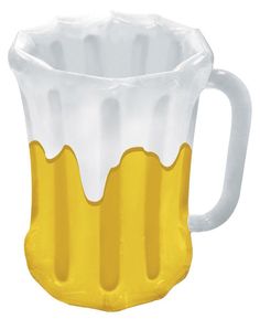 a yellow and white beer mug with foam on the inside, sitting in front of a white background