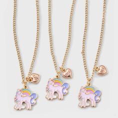 The Girls' 3pk Unicorn Charms BFF Necklace Set by Cat & Jack™ is an adorable set with three necklaces, each featuring a playful, cute unicorn charm. With an overall length of 16 inches, these iron-made necklaces come with a 3-inch extender, allowing for comfortable wear. The lobster claw clasp and pull-on closure type ensure easy and secure styling. Cat & Jack™: Kids’ clothing with an imagination of its own. Three Bff, Bff Necklace, Three Necklaces, Unicorn Charm, Bff Necklaces, The Lobster, Cute Unicorn, Cat & Jack, Girls Shopping