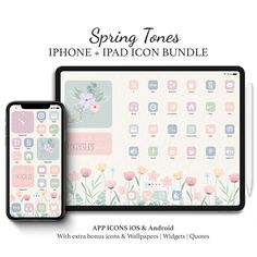 the spring tones iphone and ipad icon bundle is shown with an image of flowers on it