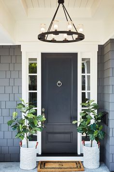 a black front door with two potted plants on the steps and a light fixture above it