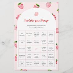 a pink and white printable game with strawberries on the side, which reads find their guess binge