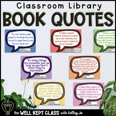 a classroom library book quote poster with four different speech bubbles on the front and back