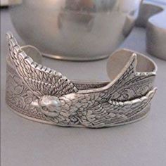 Sparrow Cuff Bracelet. This Is Made Of Brass That Has Been Plated In Silver And Antiqued. I Have Added The Lovely Sparrow To The Front Of The Cuff. The Cuff Measures 5.5 Inches Long And 1 Inch Wide Cloud Bracelet, Beige Bracelet, Fork Bracelet, Bijoux Art Nouveau, Sparrow Bird, Chalcedony Earrings, Swarovski Beads, Bracelet Cuff, Silver Cuff Bracelet