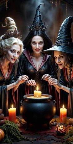 three witches in front of a caulder with candles