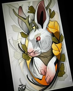 a drawing of a white rabbit with yellow flowers on it's chest and head