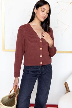 Low V Neck Cardigan - Spiced Apple Organic - Emerson Fry Emerson Fry, Fall Staples, Wood Buttons, Button Front Cardigan, V Neck Cardigan, Cropped Trousers, Olive Wood, Small Hands, Red Apple