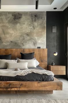 beautifulbedroom with modern platform wood bed, limewash wall and black accent wall, modern bedroom lighting Modern Industrial Bedroom Design, Accent Wall In Bedroom, Modern Industrial Bedroom, Black Paint Colors, Paint Colors 2024, Industrial Style Bedroom, Industrial Bedroom Design, Rustic Bedroom Design, Black Bedroom Furniture