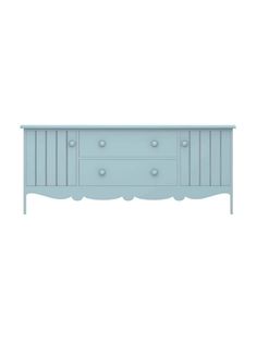 a blue dresser with three drawers and two drawers on the bottom, in front of a white