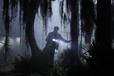 a man sitting on top of a tree in the dark