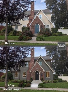 before and after shots of a house with landscaping in front, side and back views