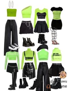 Dama Dance Outfits, Korean Fashion Concert, Dance Preformance Outfits, Outfits To Wear To Kpop Concerts, Neon Green Outfit Ideas, Neon Kpop Outfit, Got7 Concert Outfit, Neon Green Concert Outfit, Neon Group Outfits