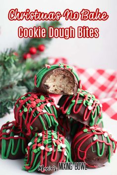 christmas no bake cookie dough bites stacked on top of each other