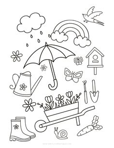 a black and white drawing of an umbrella with flowers, rain boots, butterflies, carrots and other things