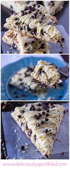 the process of making chocolate chip cookie bars is shown in three different pictures, including one with