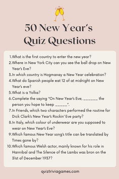 the new year's quiz questions are shown in pink and white, with champagne glasses on