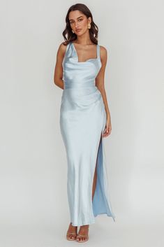 Midnight Sun Asymmetrical Strap Maxi Dress Blue by Selfie Leslie Hoco Dresses White, Bridesmaid Things, Satin Hoco Dress, Hoco Dresses Green, Pink Dress Shoes, Grey Bridesmaids, Strap Maxi Dress, Brunch Dress, Grey Bridesmaid Dresses