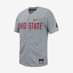 Rep Ohio State Baseball while looking like you just stepped off the diamond yourself in this replica baseball jersey. Team details pair with a button-down design and a classic fit to give you a look that's ready for every day, not just game day. Collegiate Cotton Baseball Jersey For Fans, Cotton Baseball Jersey With Team Logo And Collar, Throwback Baseball Jersey With Team Logo, Nike Team Spirit Baseball Jersey With Team Logo, Nike Collegiate Baseball Jersey With Team Name, Nike Baseball Jersey With Team Name For Baseball Season, Nike Team Spirit Baseball Jersey For Fan Gear, Nike Baseball Jersey For Fan Gear With Team Spirit, Nike Team-colored Baseball Jersey With Team Logo