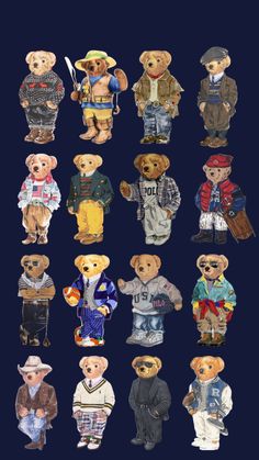 a bunch of teddy bears that are all dressed up in different clothes and hats,