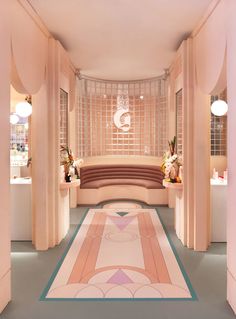 a room with pink walls and an art deco floor