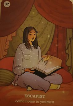 a woman sitting on top of a bed reading a book with the caption escapist come home to yourself