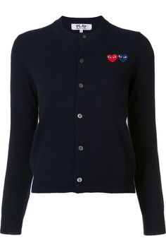 Women's Red & Blue Heart Crew Neck Play Cardigan in¬†Navy¬† Comme des Garçons Play Double Heart Ladies'¬†Cardigan¬†  Comme des Garçons PLAY 100% Lamb Wool¬†Made in Japan¬†Embroidered heart¬†(We recommend ordering one size up from your usual size.) Style code: AZ-N057-051-2-Navy  ¬† Commes Des Garcons, Ladies Cardigan, Navy Cardigan, Comme Des Garcons Play, Embroidered Heart, Pleats Please Issey Miyake, Women Outfits, Double Heart, Blue Heart