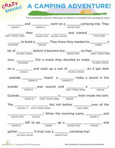 the camping adventure worksheet for kids to practice reading and writing their own words