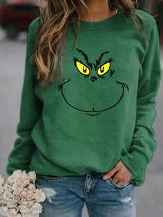 Green Casual Graphic Tops Round Neck Long Sleeve Animal Printed Sweatshirts Cheap Winter Tops With Funny Print, Merry Christmas Funny, Green Sweatshirt, Print Sweatshirt, Printed Sleeves, Christmas Women, Funny Faces, Casual Sweatshirt, Cartoon Print