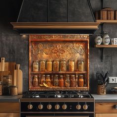 a stove top oven sitting inside of a kitchen next to a counter with spices on it