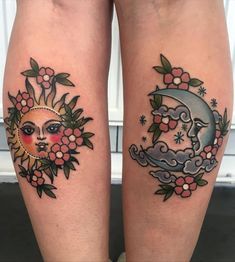 two tattoos on both legs with flowers and a moon in the middle one has a woman's face