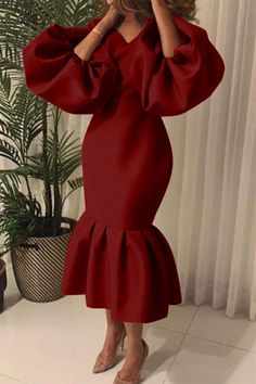 Wine Red Fishtail Midi Dress, Maxi Bodycon Dress, Polyester Dress, Yellow Fashion