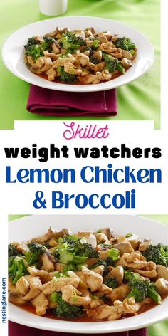 Chinese Lemon Chicken with broccoli in a white bowl with the text Skillet Weight Watchers Lemon Chicken & Broccoli. Weight Watchers Chicken Breast, Skillet Lemon Chicken, Chicken Broccoli Pasta Recipes, Flavorful Chicken Breast Recipes, Juicy Chicken Breast, Broccoli Pasta Recipe, Chicken Broccoli Pasta, Weight Watchers Chicken