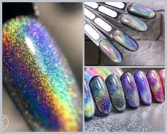 Holographic Cat Eye Nails, Holographic Nail Designs, New Year Nails, Rainbow Holographic, Cat Eye Gel Polish, Gel Polish Nail Art, Colorful Nail, Eye Nails, Chrome Nail