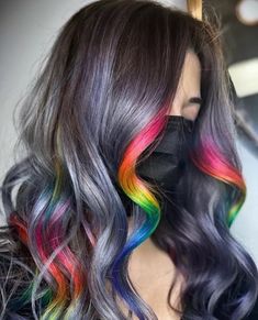 Rainbow Hair Highlights, Peekaboo Hair Color Ideas, Purple Peekaboo Hair, Peekaboo Hair Color, Funky Hair Colors, Peekaboo Hair Colors, Peekaboo Hair, Bold Hair Color, Cute Hair Colors