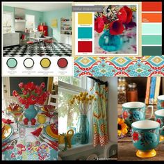 a collage of colorful kitchen decor with flowers in vases and dishes on the table