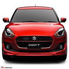 the front end of a red car on a white background