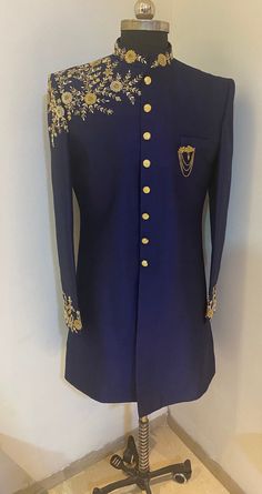 Mens Sherwaninehru Jacketmens Kurta Pyjamagroom Sherwani | Etsy Fitted Blue Sherwani For Groom, Blue Fitted Sherwani For Groom, Royal Festive Wedding Kurta, Royal Kurta For Eid Wedding, Royal Kurta For Wedding And Eid, Royal Sherwani With Zari Work For Formal Occasions, Royal Sherwani With Zari Work For Festive Occasions, Blue Sherwani For Groom Diwali Occasion, Royal Fitted Kurta For Festive Occasions