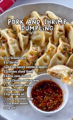 the recipe for pork and shrimp dumplings on a plate