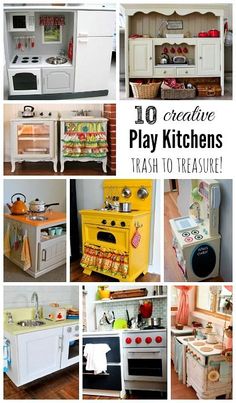 there are many pictures of play kitchens in the kitchen