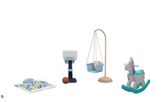 an assortment of toys including a rocking horse, basketball hoop and gym ball on a white background