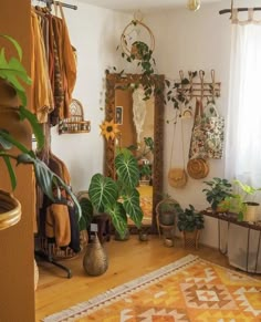 a living room filled with lots of plants and hanging items on the wall next to a window