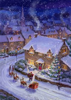 a painting of a christmas village with santa's sleigh and reindeers