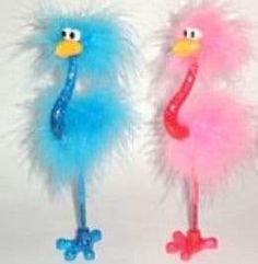 two blue and pink fuzzy birds are standing next to each other