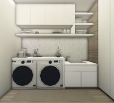 a small kitchen with two washers and a dryer